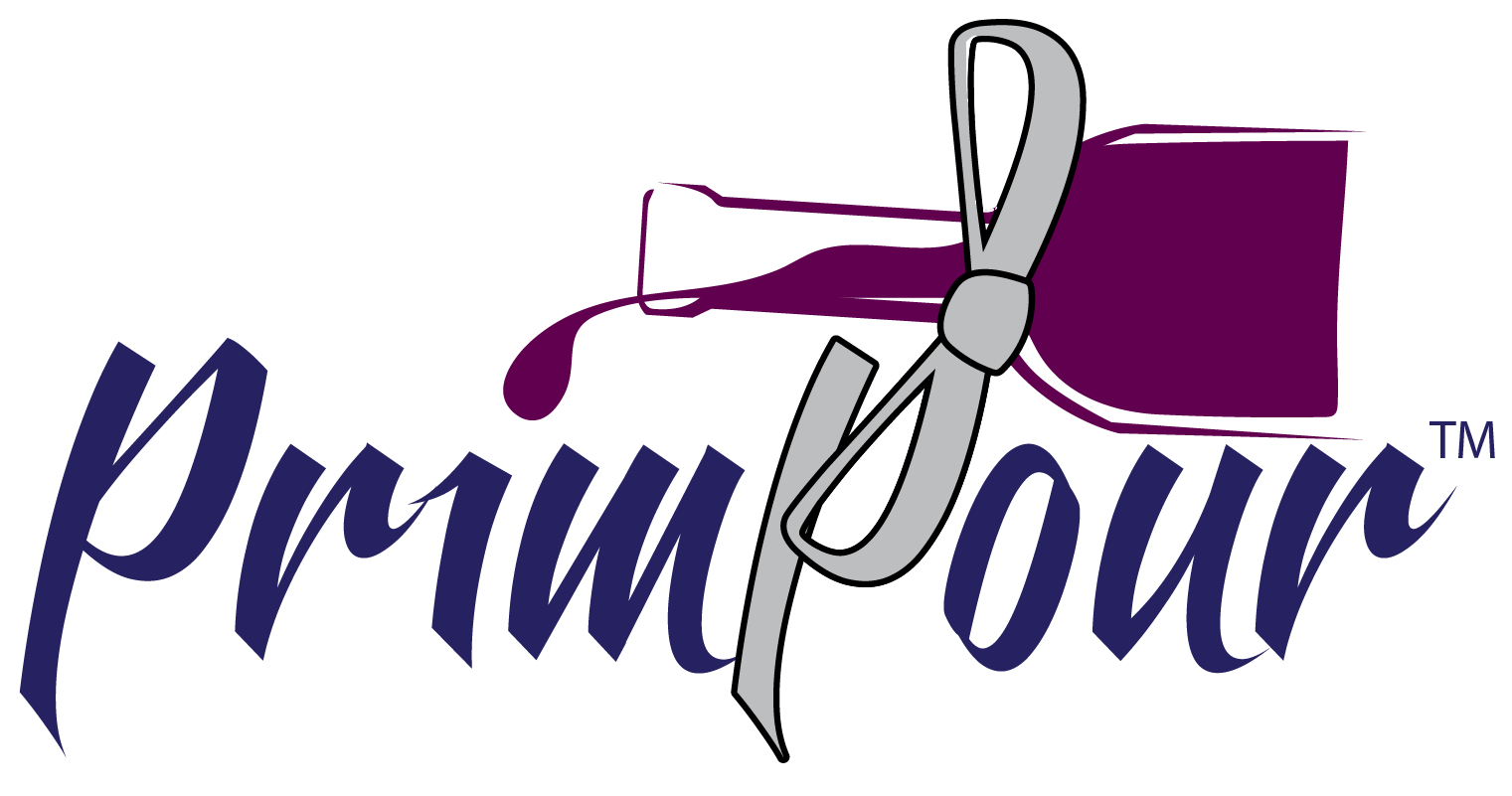 PrimPour logo with words & bottle atop with ribbon around neck with lower part of bow forming the circle of the second "P"