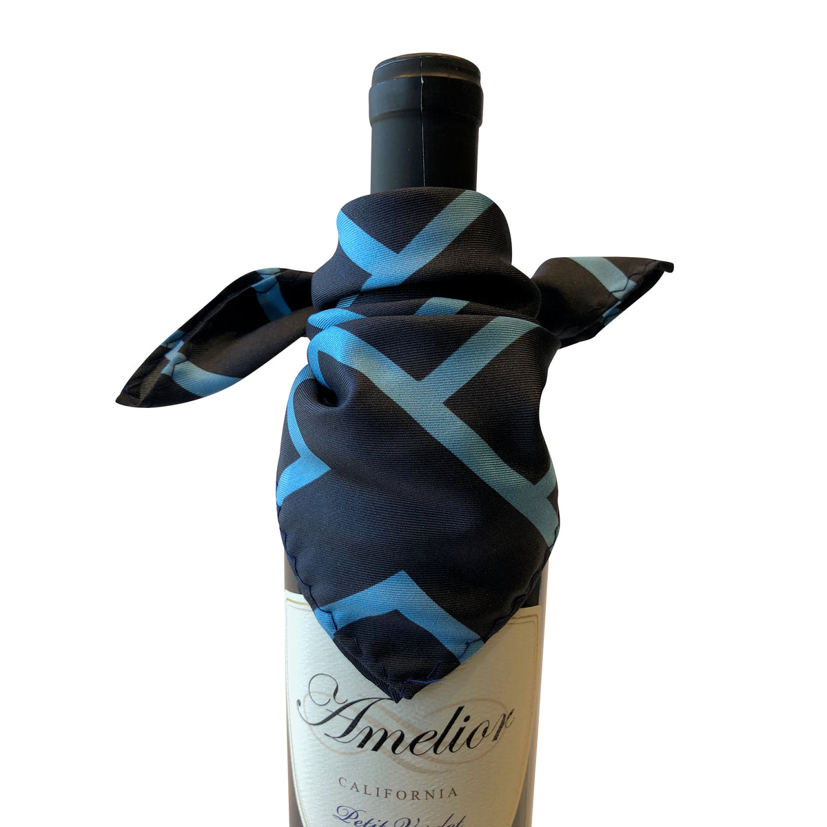 Wine and bar accessory bottle drape catches bottle drip in silk light and dark blue maze pattern drapes elegantly on bottle