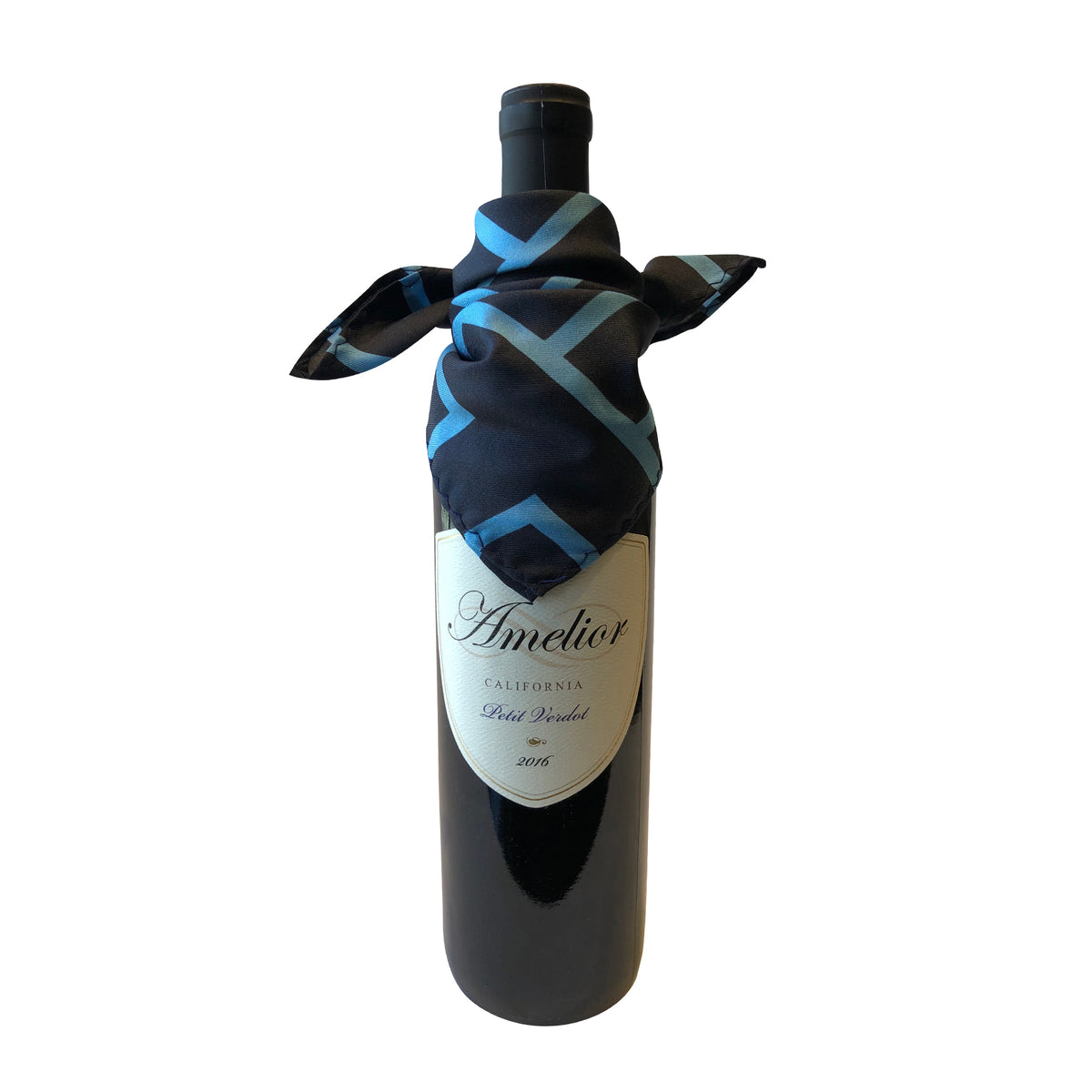 Wine and bar accessory Blue Maze catches bottle drip in silk light and dark blue maze pattern drapes elegantly on bottle