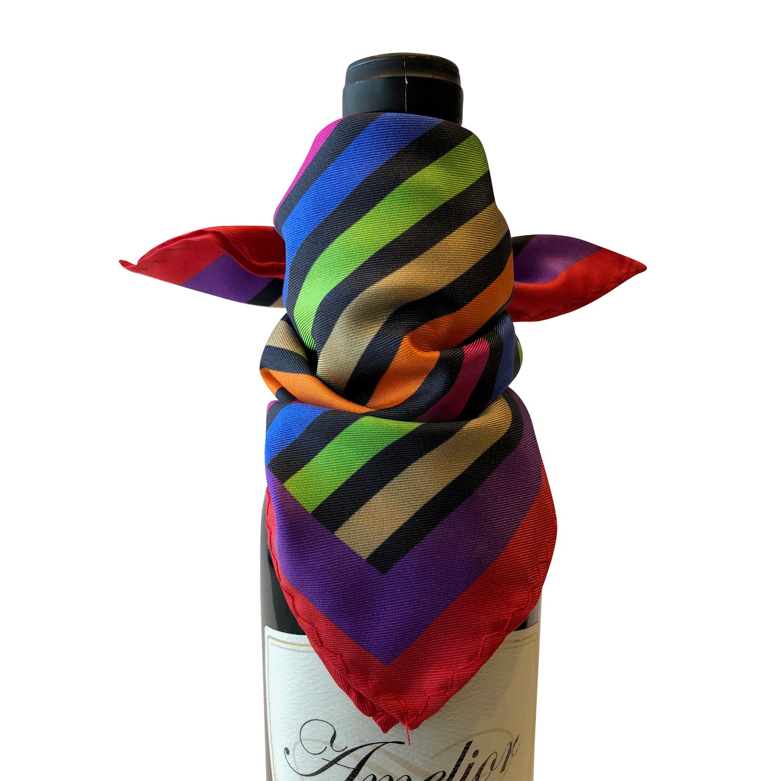Wine and bar accessory bottle drape catches bottle drip in silk bright blue green red pink orange yellow diagonal stripes