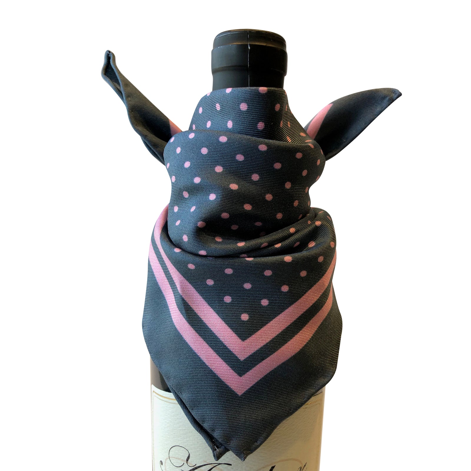 Wine and bar accessory bottle drape catches bottle drip in silk pink polka dot and stripes on blue drapes elegantly on bottle