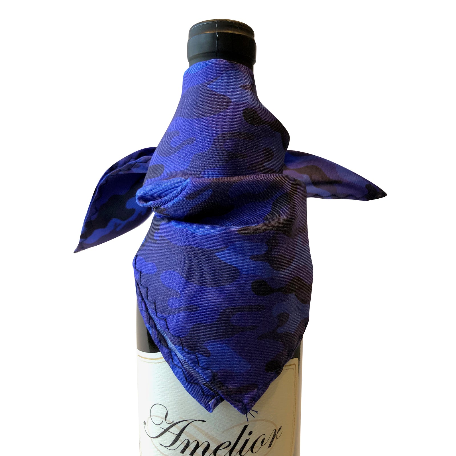 Wine and bar accessory bottle drape catches bottle drip in silk blue camouflage pattern drapes elegantly on bottle