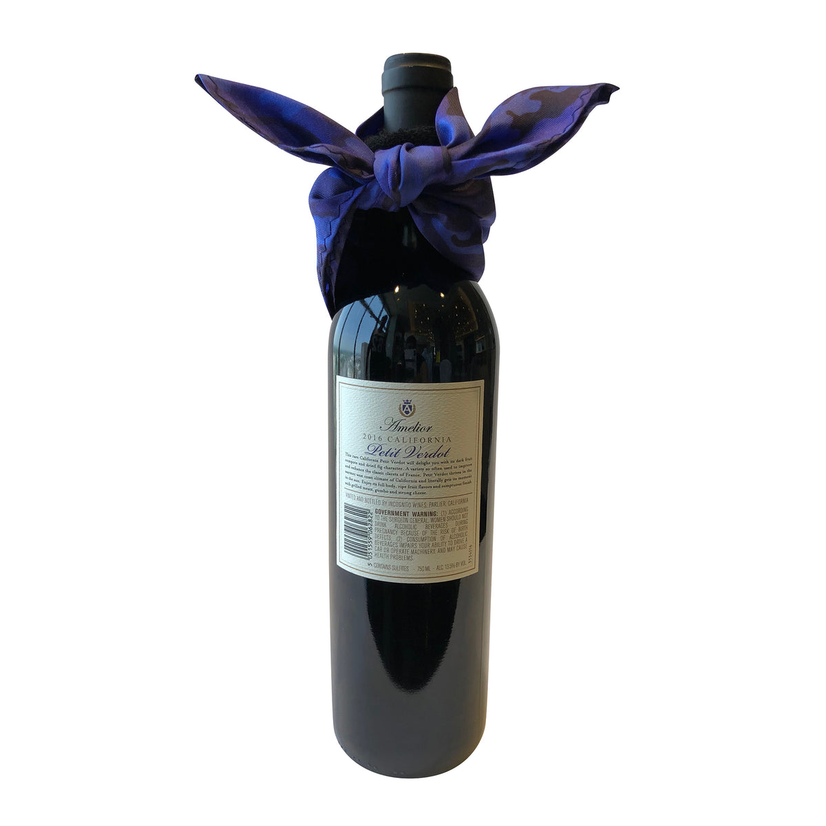 Wine and bar accessory bottle drape catches bottle drip in silk blue camouflage pattern tie knot back view