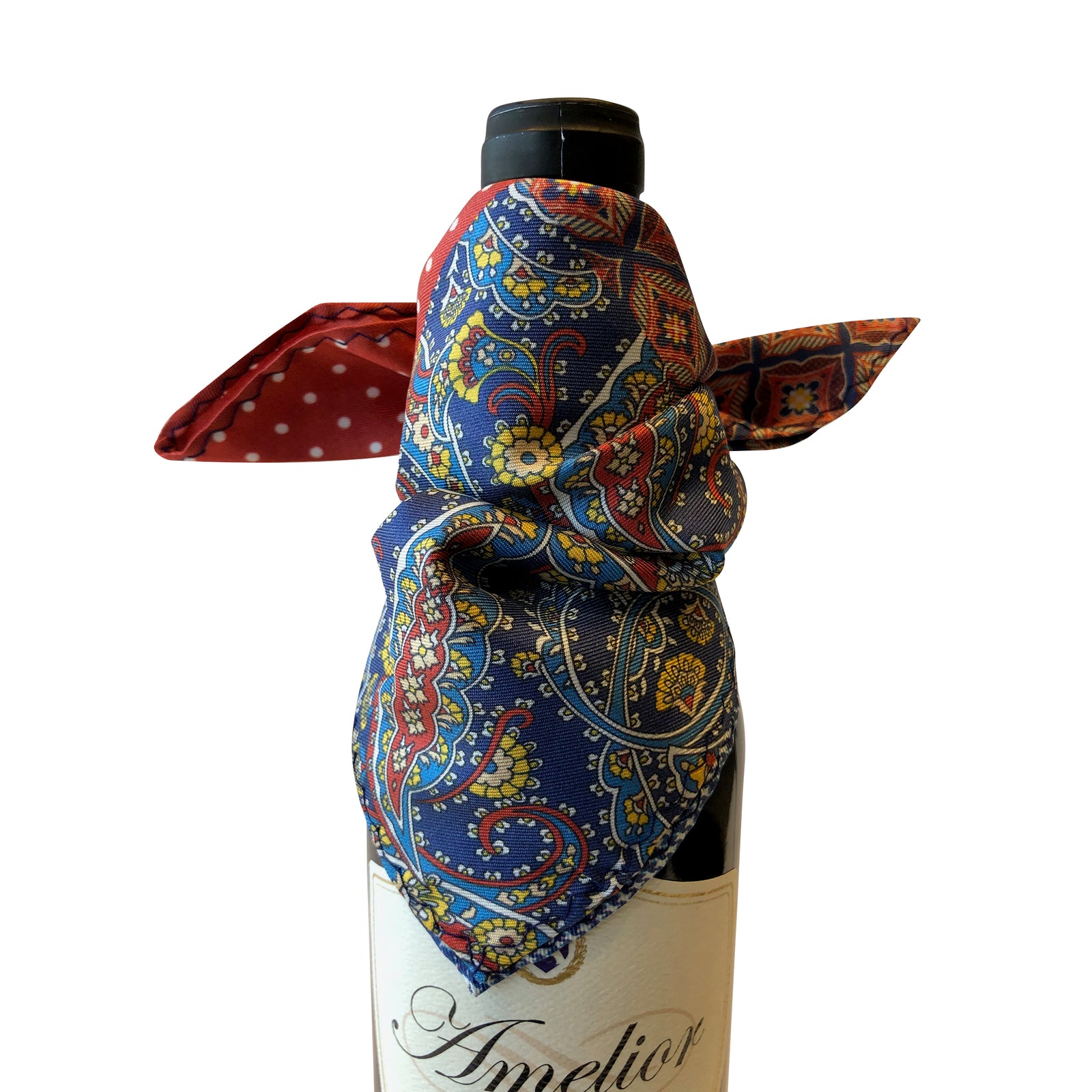 Wine and bar accessory bottle drape catches bottle drip in silk modern red and blue paisley drapes elegantly on bottle