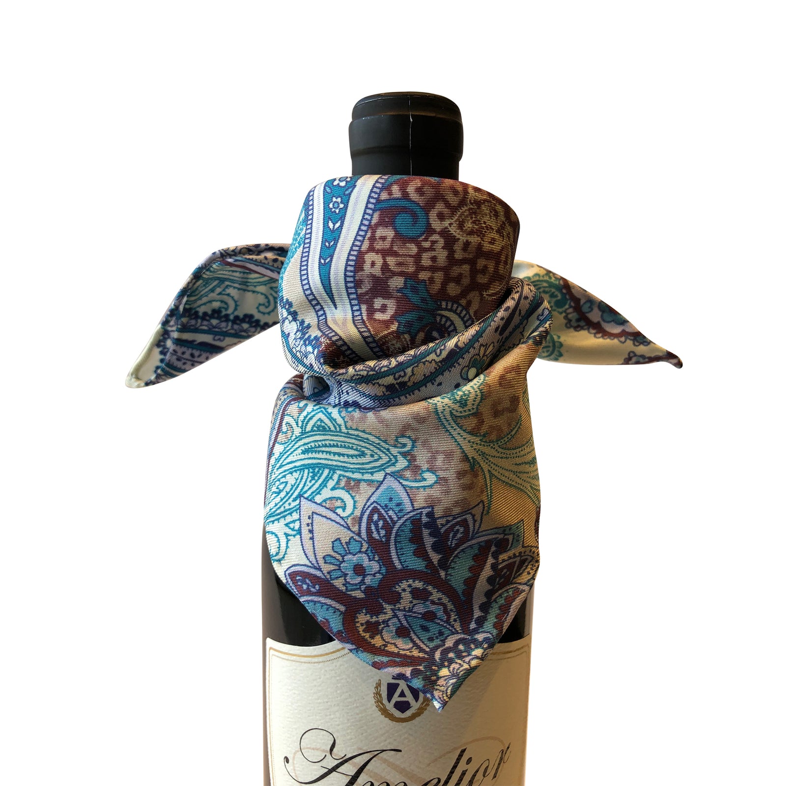 Wine and bar accessory bottle drape catches bottle drip in silk beige earth tone antique paisley drapes elegantly on bottle