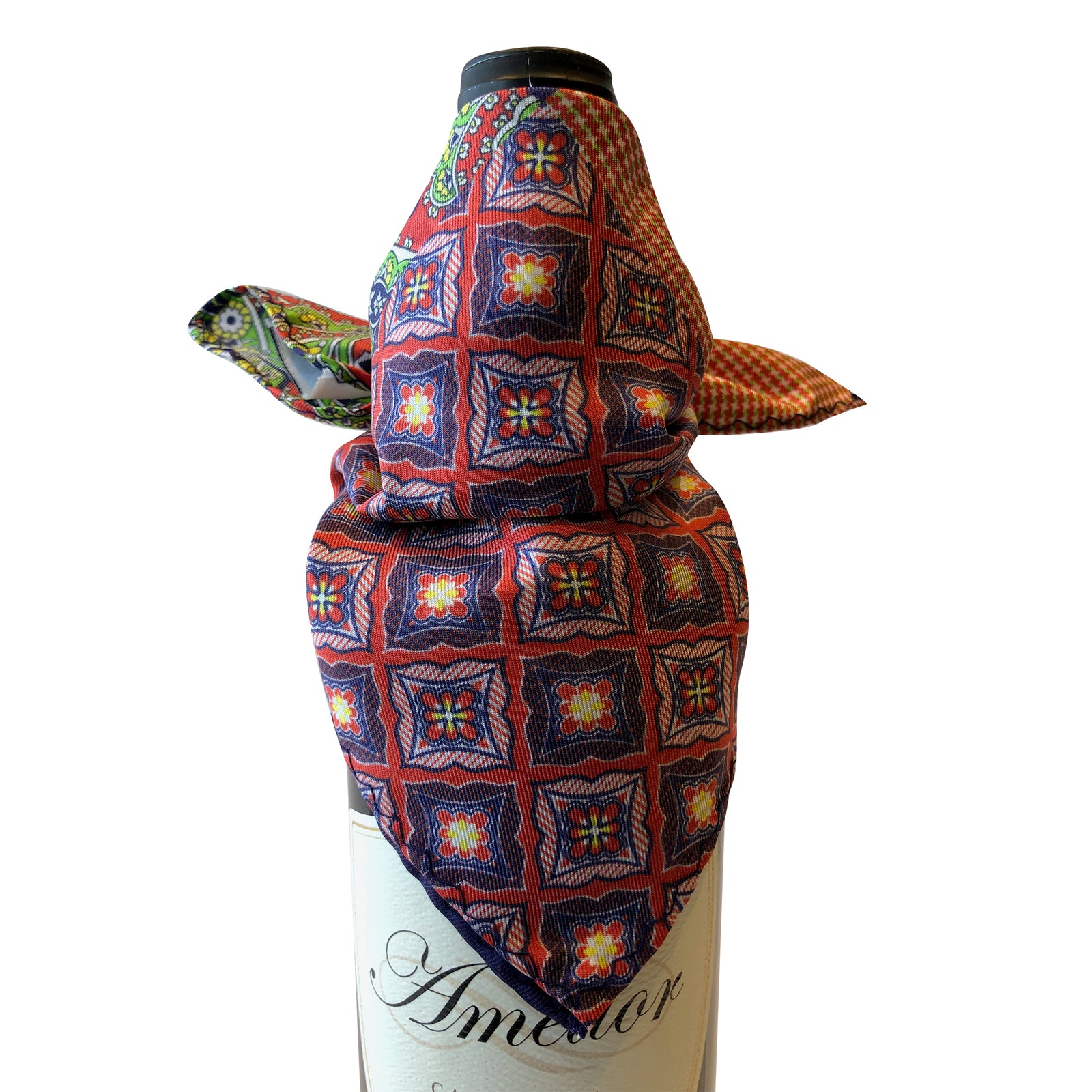 Wine and bar accessory bottle drape catches bottle drip in silk red tone with purple pink florets