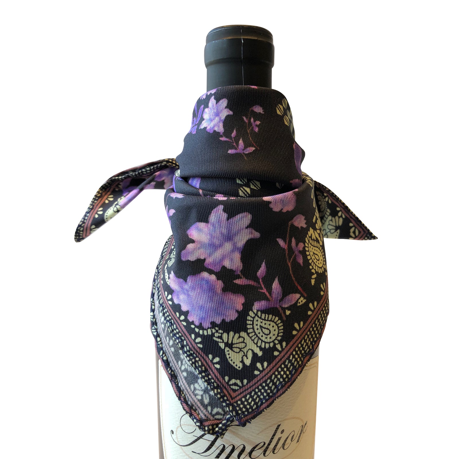 Wine and bar accessory bottle drape catches bottle drip in silk antique purple floral on black drapes elegantly on bottle