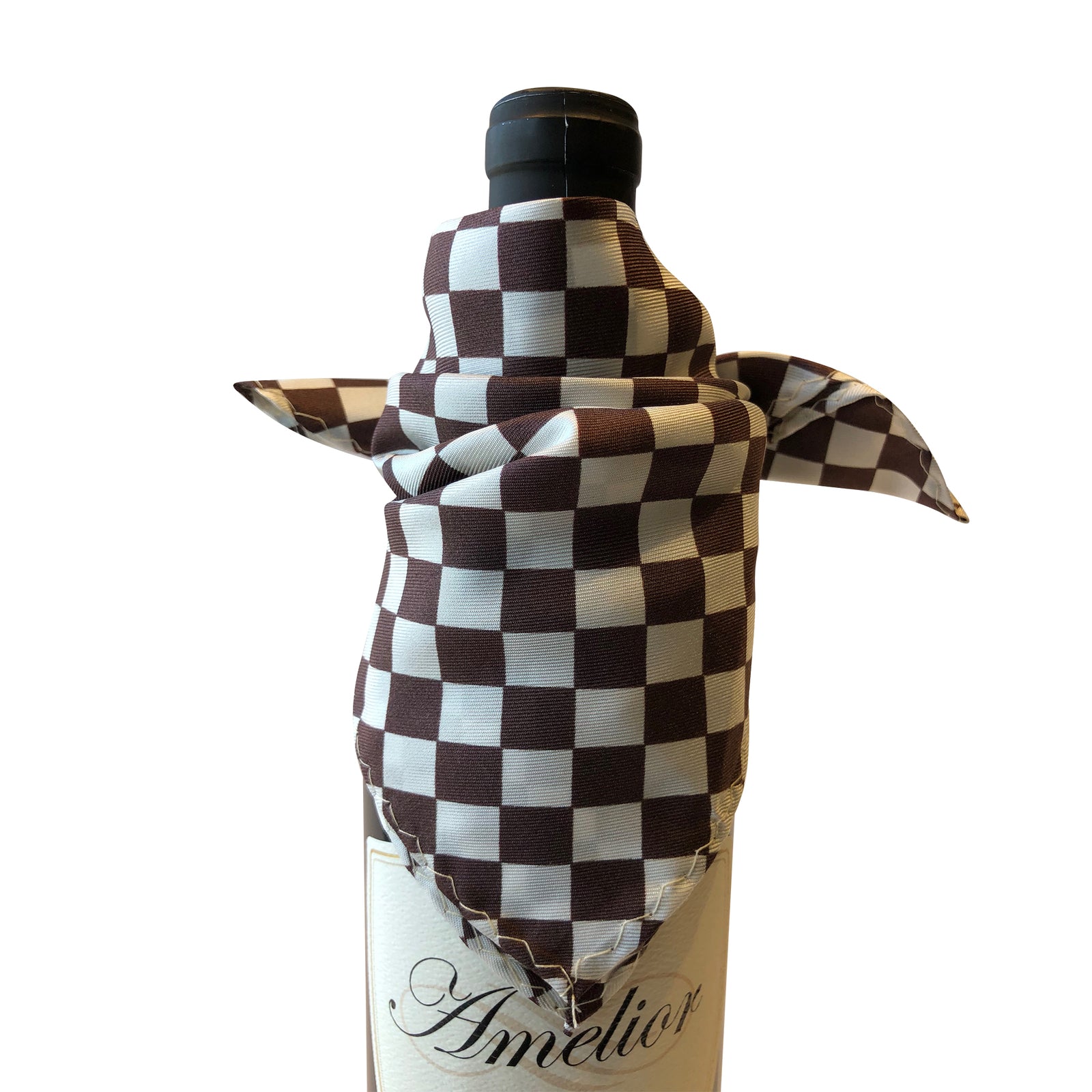 Wine and bar accessory bottle drape catches bottle drip in silk brown houndstooth pattern drapes elegantly on bottle