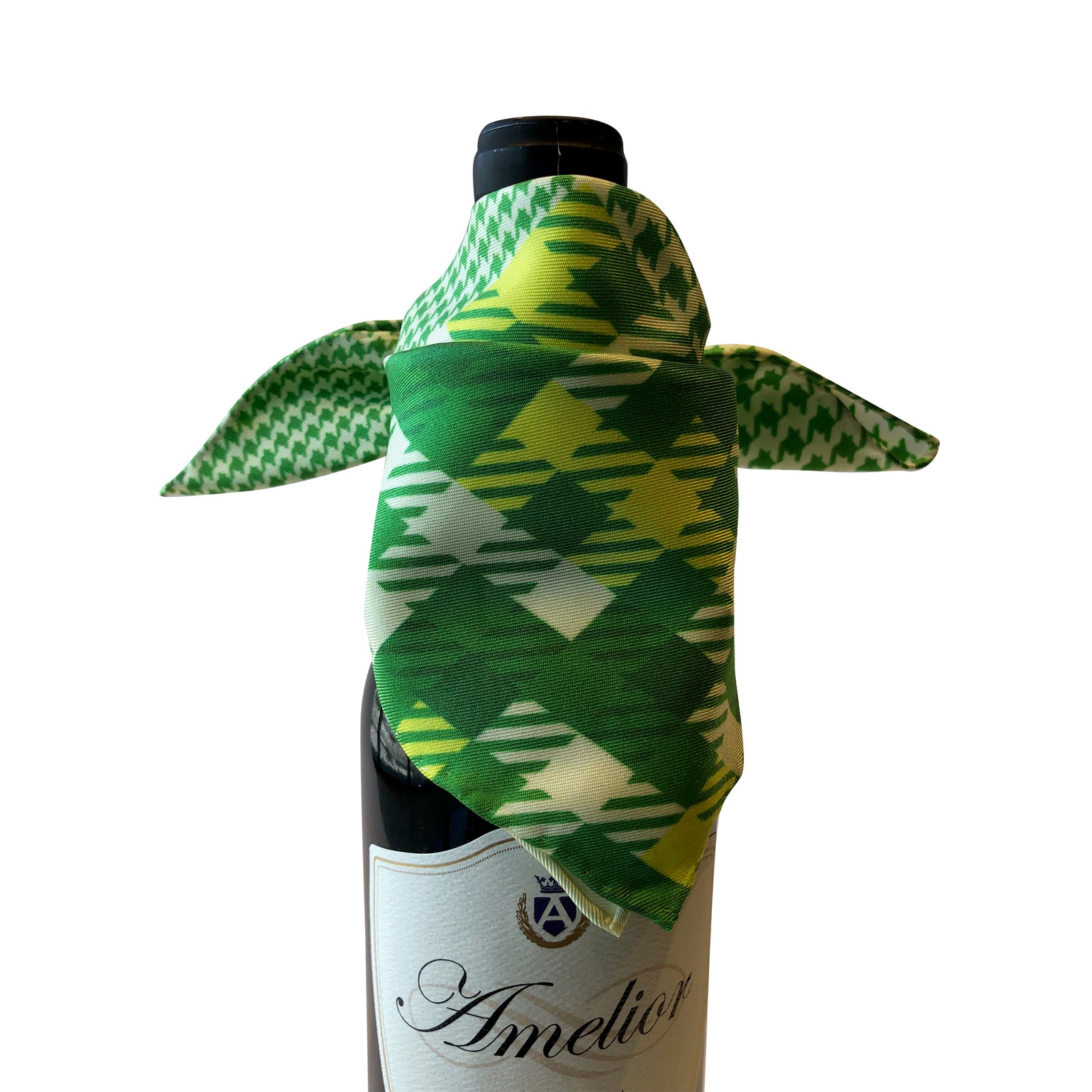 Wine and bar accessory bottle drape catches bottle drip in silk green tone houndstooth drapes elegantly on bottle