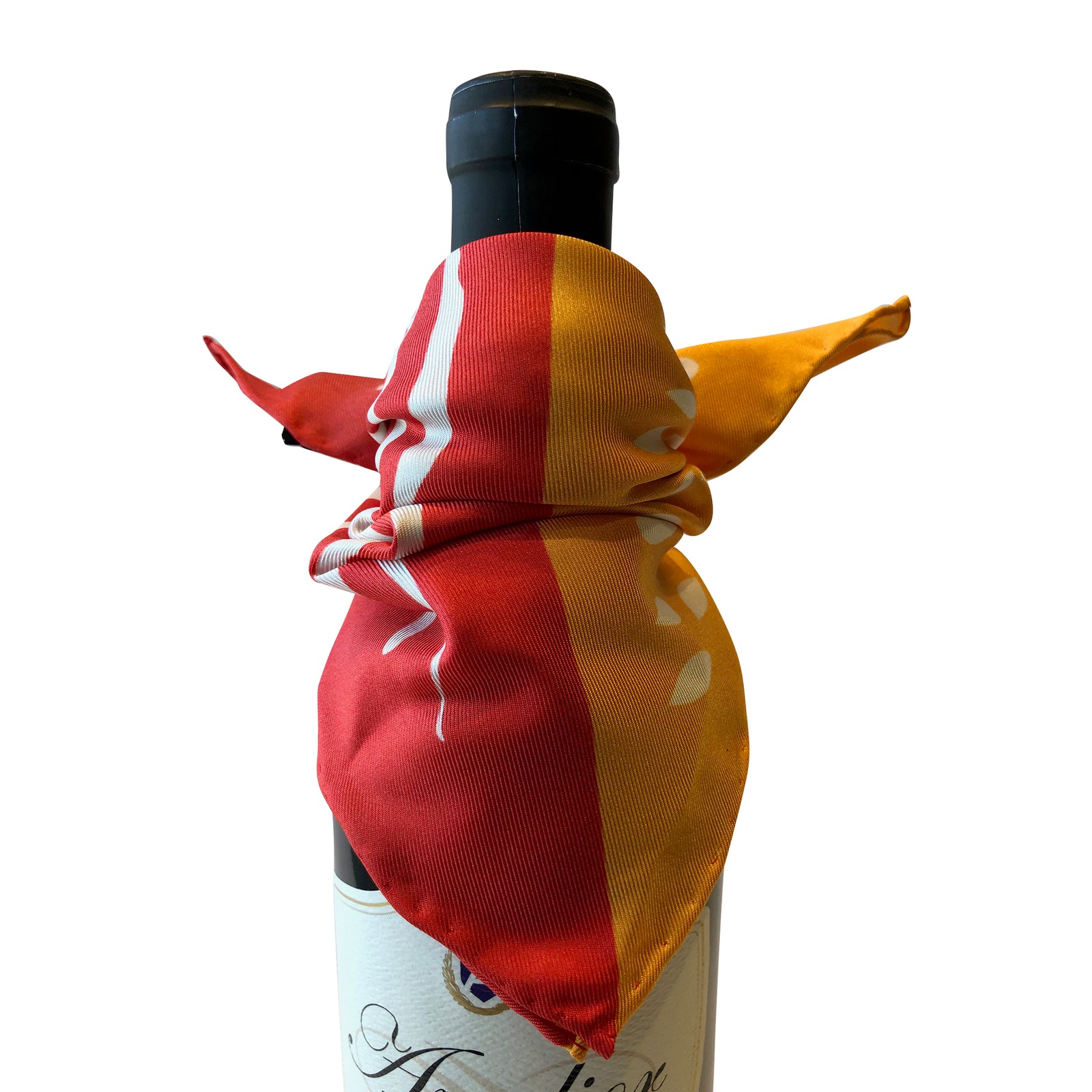 Wine and bar accessory bottle drape catches bottle drip in silk red and orange with white accents drapes elegantly on bottle
