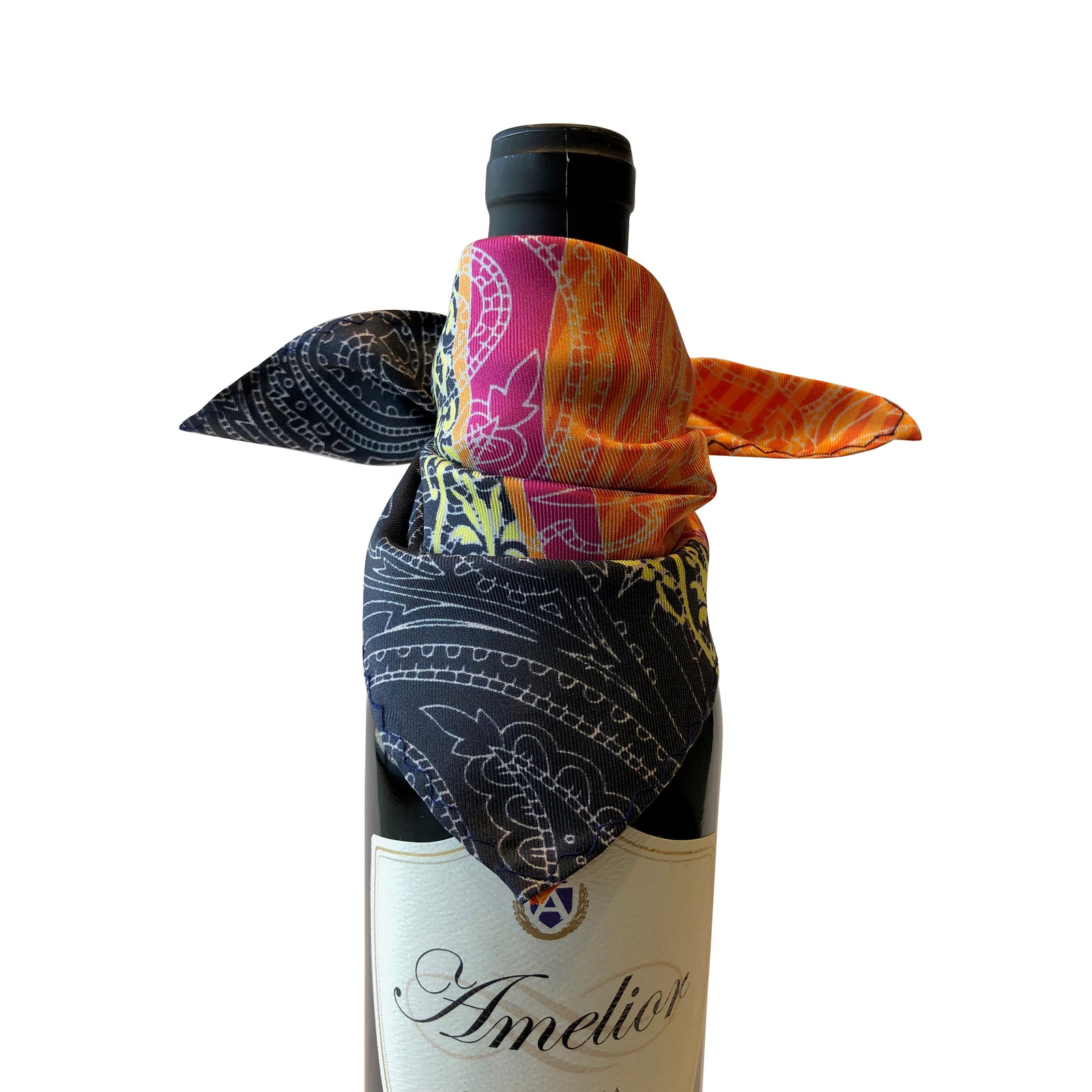 Wine and bar accessory bottle drape catches bottle drip in silk fading pink and orange to black drapes elegantly on bottle