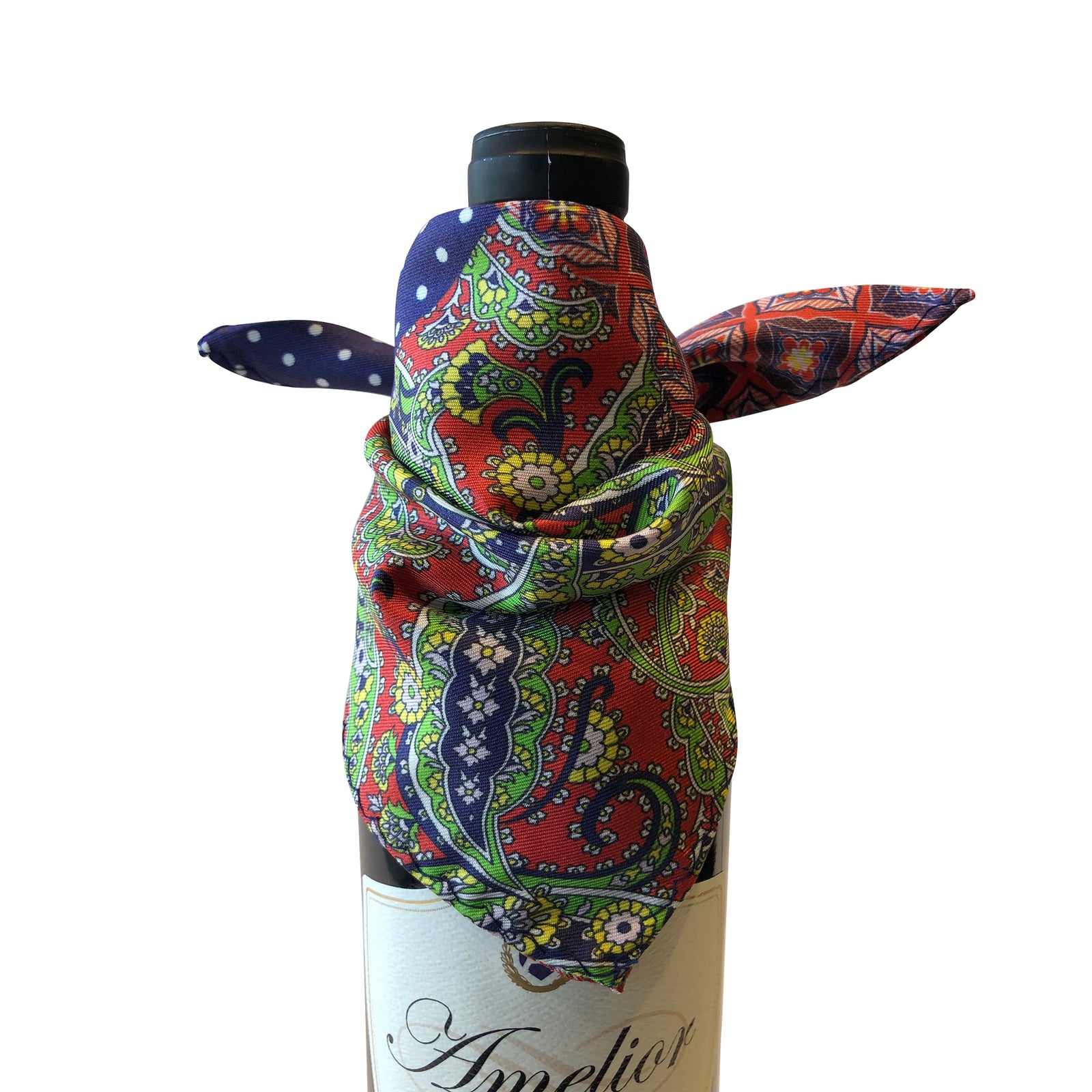 Wine and bar accessory bottle drape catches bottle drip in silk green red blue paisley with floret accents