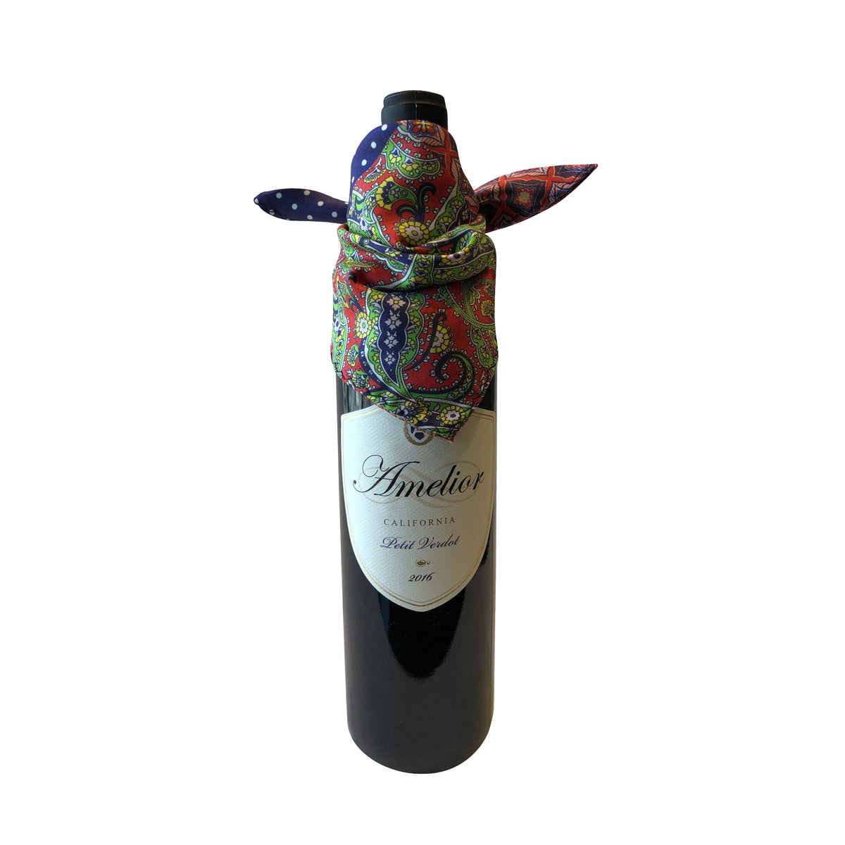 Wine and bar accessory Taj Mahal catches bottle drip in silk bright paisley drapes elegantly on bottle
