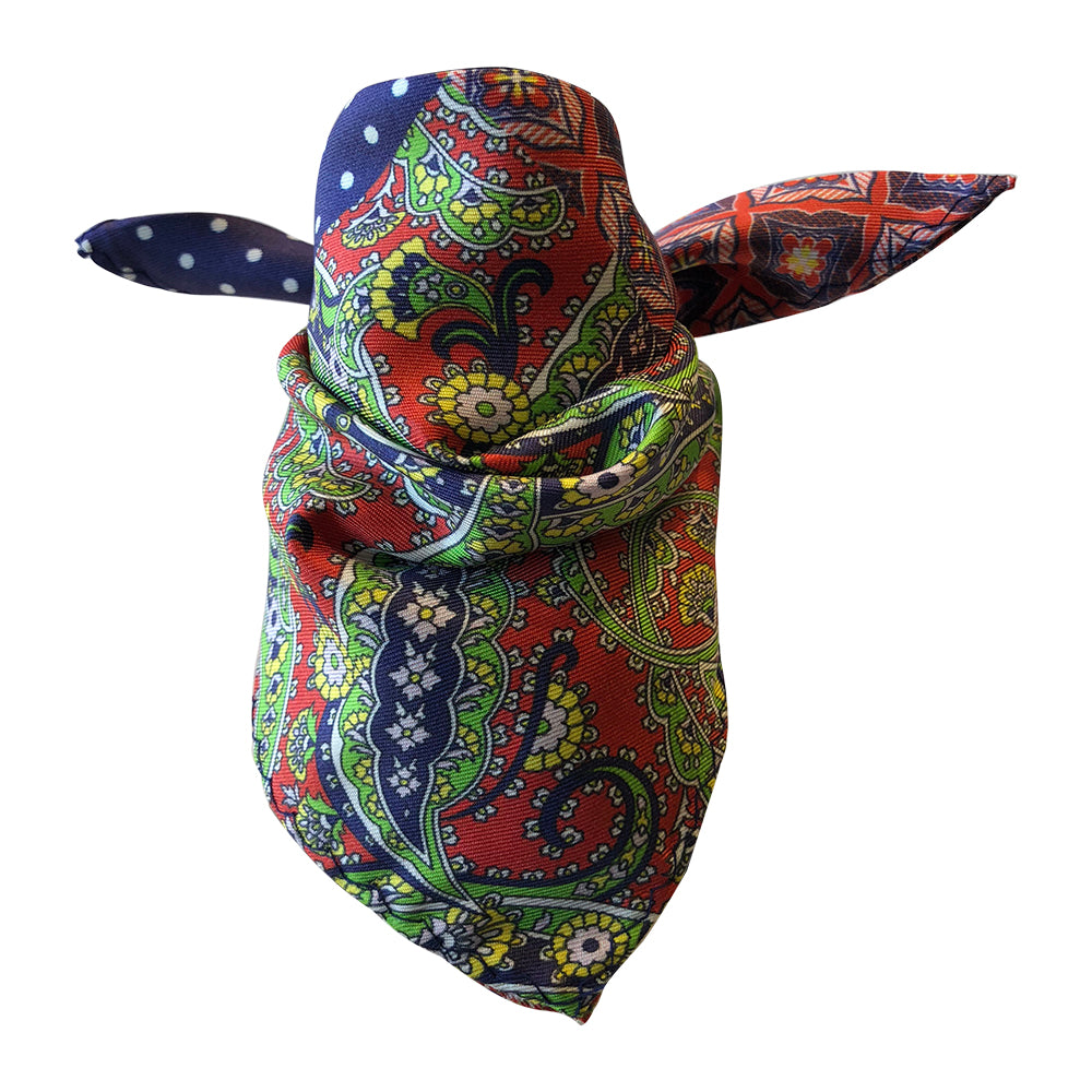 Wine and bar accessory bottle drape catches bottle drip in silk bright paisley red green blue yellow pattern